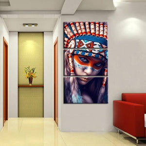 Modern 3Pcs Portrait Painting Wall Art Poster For Living Room Wall Feathered Pride Indian Girl Picture Home Decoration No Frame - SallyHomey Life's Beautiful