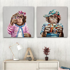 Modern Abstract Shooting Monkey in Colorful Clothes Cartoon Canvas Painting Animals Funny - SallyHomey Life's Beautiful