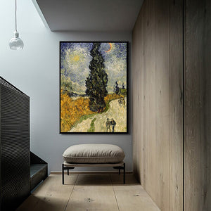Famous Painter Van Gogh - Road with Cypress under Starry Sky Poster Print on Canvas Wall Art Painting for Living Room Home Decor - SallyHomey Life's Beautiful