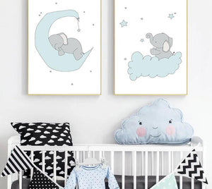 Baby Nursery Wall Art Canvas Print Cartoon Blue Elephant Poster Painting Decorative Picture Nordic Kids Boys Bedroom Decoration - SallyHomey Life's Beautiful