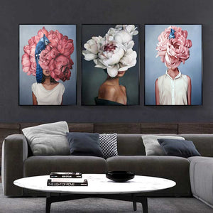 Flowers Feathers Woman Abstract Canvas Painting Wall Art Print Poster Picture Decorative Painting Living Room Home Decoration - SallyHomey Life's Beautiful