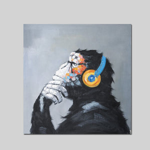 Print Modern Abstract Thinking Monkey with Headphone Cartoon Canvas Painting Animals Funny Wall Art Home Decor for Living Room - SallyHomey Life's Beautiful