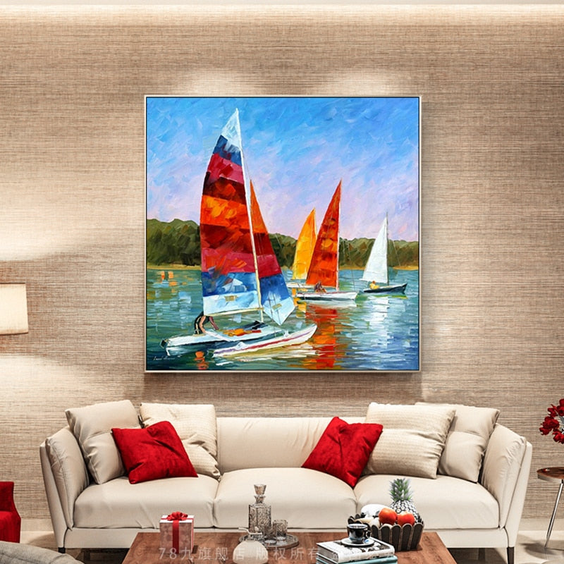 100% Hand Painted Abstract Sailboat Art Oil Painting On Canvas Wall Art Frameless Picture Decoration For Live Room Home Decor