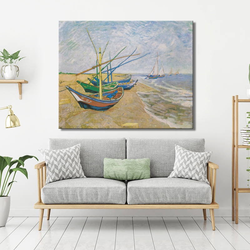 Fishing Boats on the Beach at Les by Van Gogh Poster Print on Canvas Wall Art Canvas Abstract Decorative Painting for Home Room - SallyHomey Life's Beautiful