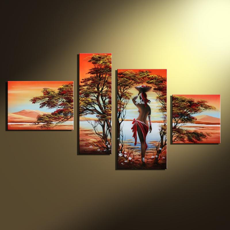 African Modern Abstract Oil Painting Nude Sexy Nude Women Tree On Canvas 4 Panel Art Set Home Wall Decorative For Living Room - SallyHomey Life's Beautiful