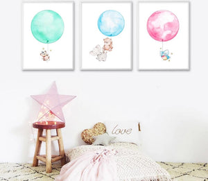 Watercolor Balloon Bear Elephant Cartoon Poster Print Minimalist Painting Wall Art canvas Picture Nordic Style Kids Decoration - SallyHomey Life's Beautiful