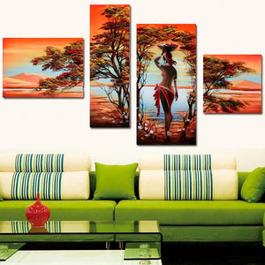 African Modern Abstract Oil Painting Nude Sexy Nude Women Tree On Canvas 4 Panel Art Set Home Wall Decorative For Living Room - SallyHomey Life's Beautiful