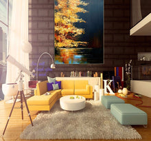 Load image into Gallery viewer, Handmade Amazing Art Knife Oil Paintings on Canvas Yellow Sunrise Light Bloom Tree Landscape Hang Painting Lakeside Picture - SallyHomey Life&#39;s Beautiful