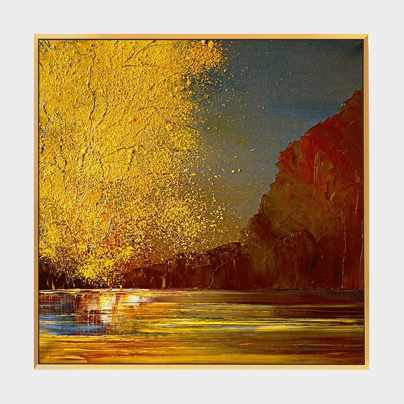100% Hand Painted Abstract Golden Sunset Painting On Canvas Wall Art Wall Adornment Pictures Painting For Live Room Home Decor