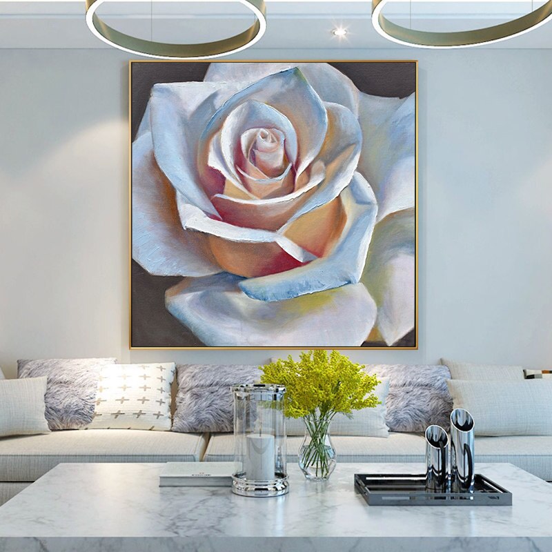 100% Hand Painted Big White Rose Art Oil Painting On Canvas Wall Art Wall Adornment Pictures Painting For Living Room Home Decor