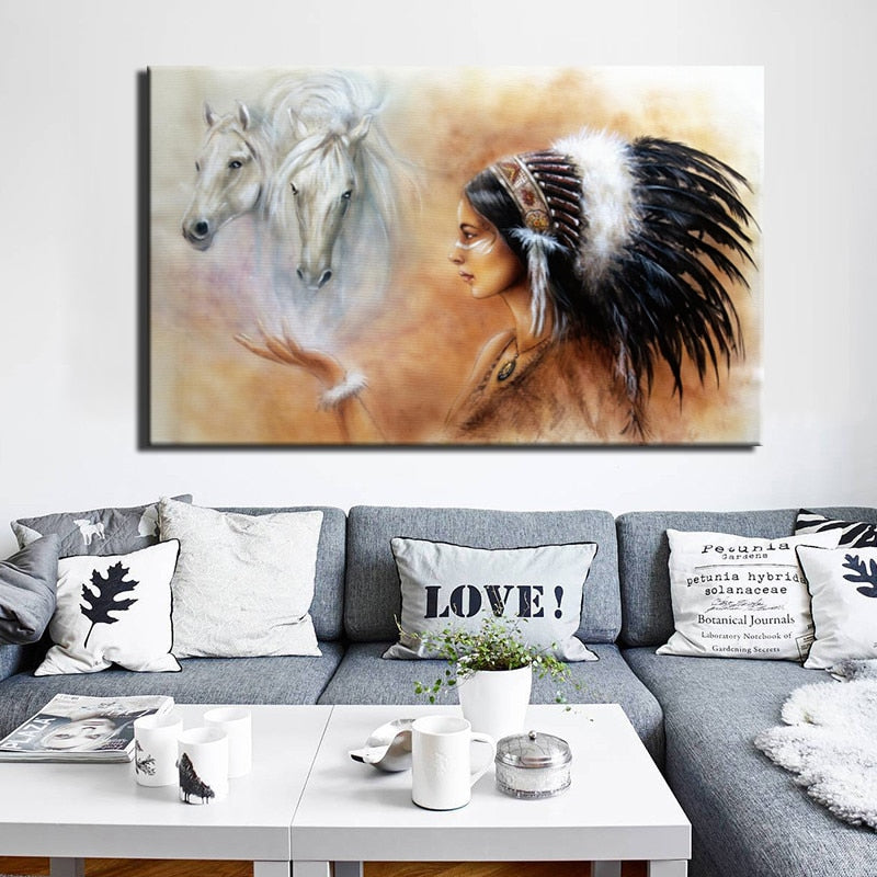 Large Size Poster And Prints Wall Art Canvas Painting Wall Pictures For Living Room Noble Indian Girl Feather Picture Decoration - SallyHomey Life's Beautiful