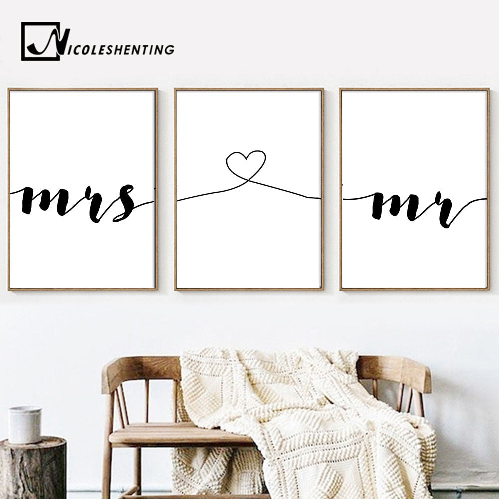 Mr Mrs Family Simple Quotes Wall Art Canvas Poster Minimalist Print Couple Anniversary Painting Picture for Living Room Decor - SallyHomey Life's Beautiful