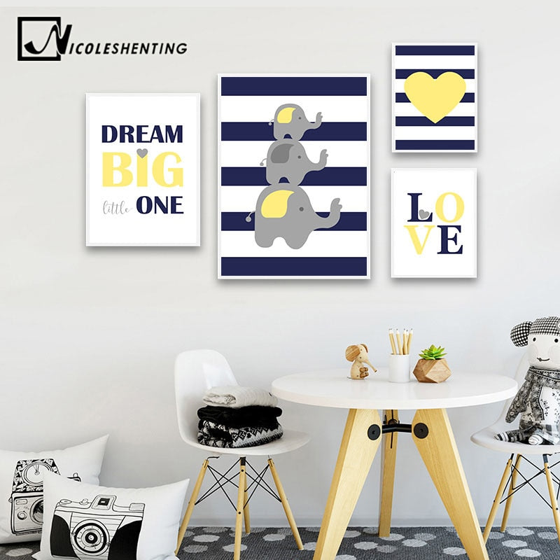 Children Poster Navy Blue Yellow Minimalist Wall Art Canvas Print Painting Decorative Picture Nordic Kid Baby Bedroom Decoration - SallyHomey Life's Beautiful
