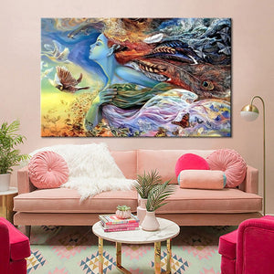 Modern Abstract Art Posters Print on Canvas Wall Art Painting Dreamlike Girl with Flowers and Birds Decorative Pictures for Room - SallyHomey Life's Beautiful