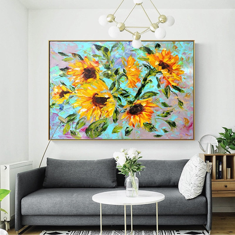 100% Hand Painted Abstract Sunflowers Oil Painting On Canvas Wall Art Frameless Picture Decoration For Live Room Home Decor Gift