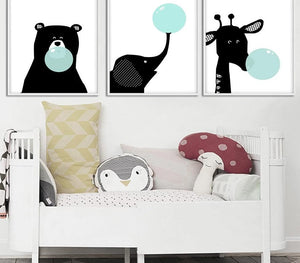 Black White Bear Elephant Bubble Wall Art Canvas Poster Cartoon Animal Nursery Print Painting Nordic Picture Kid Room Decoration - SallyHomey Life's Beautiful