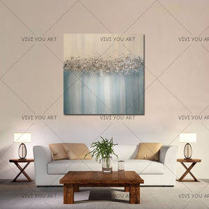 Large Abstract Painting Original Texture Modern Sky Light Blue Silver And Gold Foil Metal Glitter White Painting Hand pained