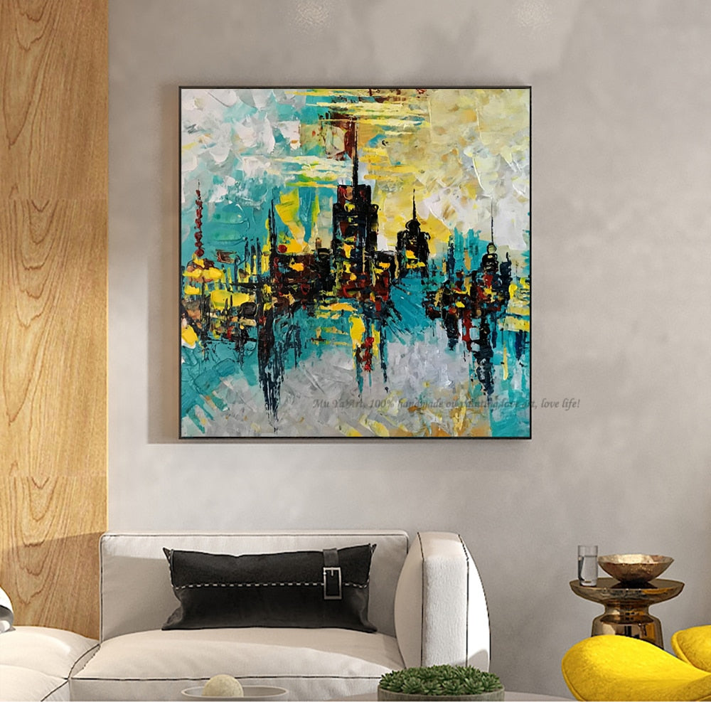 Modern city scenery pictures fashion home design vintage canvas painting handmade large canvas art for living room one piece art - SallyHomey Life's Beautiful