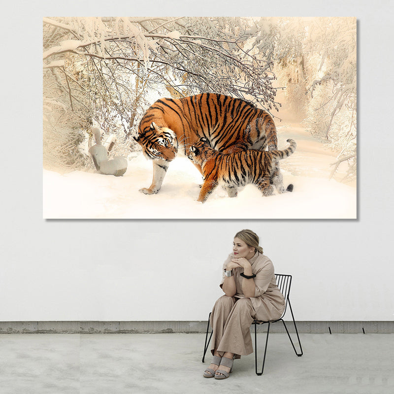 Animal Posters and Prints Wall Art Canvas Painting Flowers Two Tigers in the Snow Pictures for Living Room Home Decor No Frame - SallyHomey Life's Beautiful