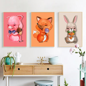 Cartoon Animals Posters and Prints Wall Art Canvas Painting Cute Pig, Bunny, Fox Decorative Paintings for Living Room Home Decor - SallyHomey Life's Beautiful