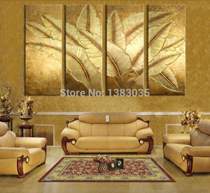 Hand Painted Gold Japanese Banana Leaf Oil Painting Modern Abstract 4 Piece Canvas Art Wall Decor Picture Sets (Other) - SallyHomey Life's Beautiful