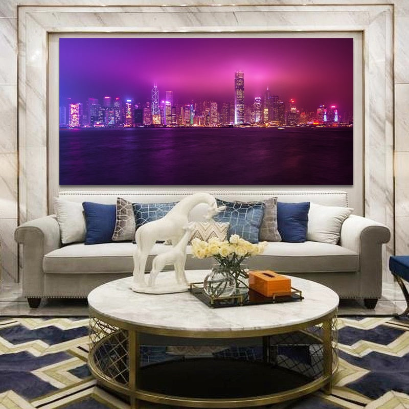 Modern Landscape Posters and Prints Wall Art Canvas Painting Hong Kong Night Scene Picture for Living Room Cuadros Decoracion - SallyHomey Life's Beautiful