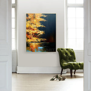 Handmade Amazing Art Knife Oil Paintings on Canvas Yellow Sunrise Light Bloom Tree Landscape Hang Painting Lakeside Picture - SallyHomey Life's Beautiful