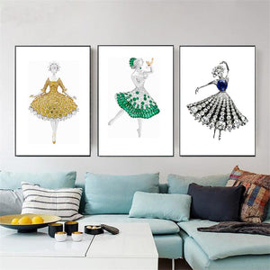 Modern Abstract Art Posters and Print Wall Art Canvas Painting Girls' Dress Inlaid with Gems Decorative Pictures for Living Room - SallyHomey Life's Beautiful