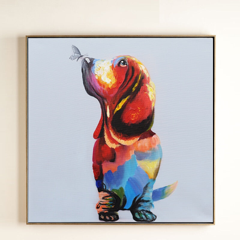 100% Hand Painted Colorful Dog Art Oil Painting On Canvas Wall Art Wall Adornment Pictures Painting For Living Room Home Decor