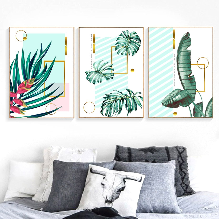 Plant Banana Leaf Monstera Golden Lines Nordic Posters And Prints Wall Art Canvas Painting Wall Pictures For Living Room Decor - SallyHomey Life's Beautiful