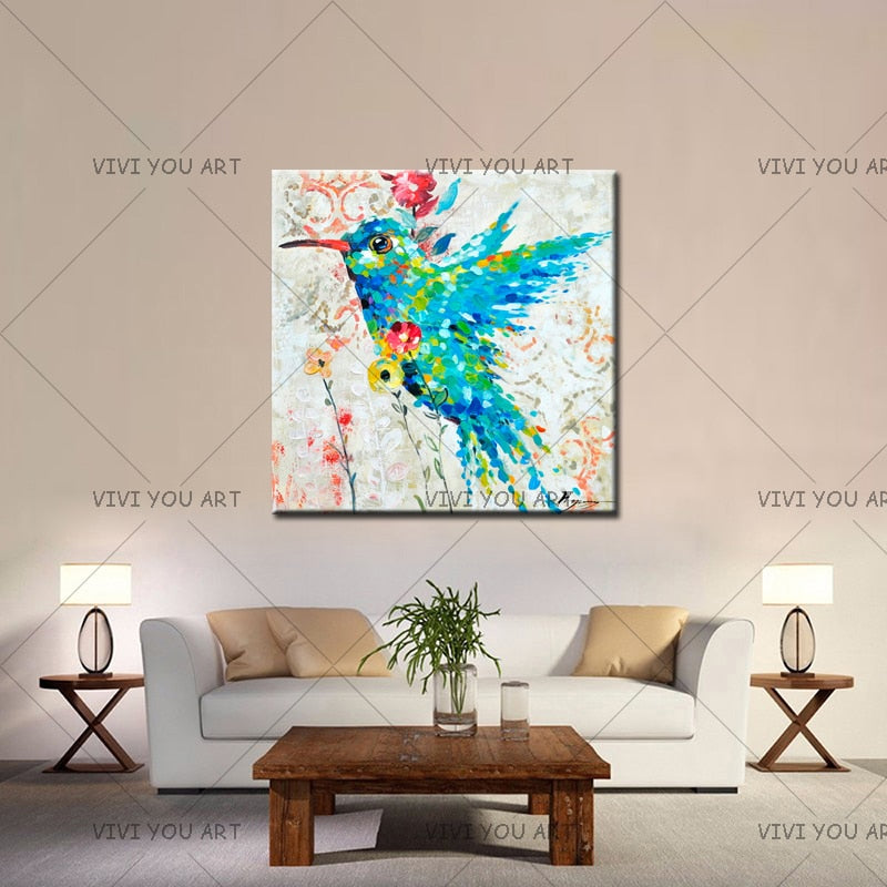 Humming Bird Hand Painted Oil Painting On Canvas Colourful Bird Animal Paintings Modern Handmade For Wall Art Decor In Bedroom