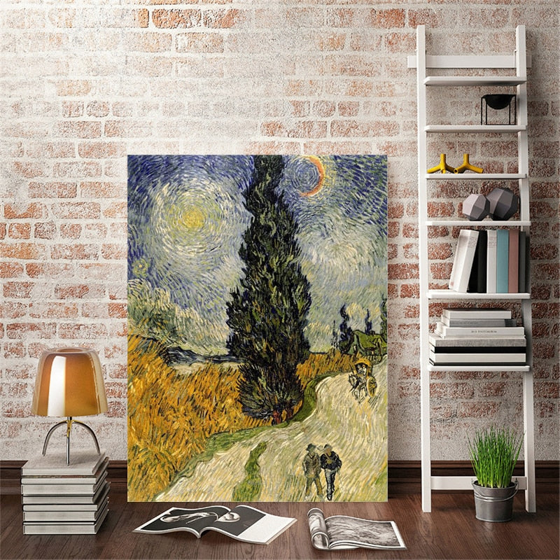 Famous Painter Van Gogh - Road with Cypress under Starry Sky Poster Print on Canvas Wall Art Painting for Living Room Home Decor - SallyHomey Life's Beautiful