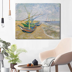 Fishing Boats on the Beach at Les by Van Gogh Poster Print on Canvas Wall Art Canvas Abstract Decorative Painting for Home Room - SallyHomey Life's Beautiful