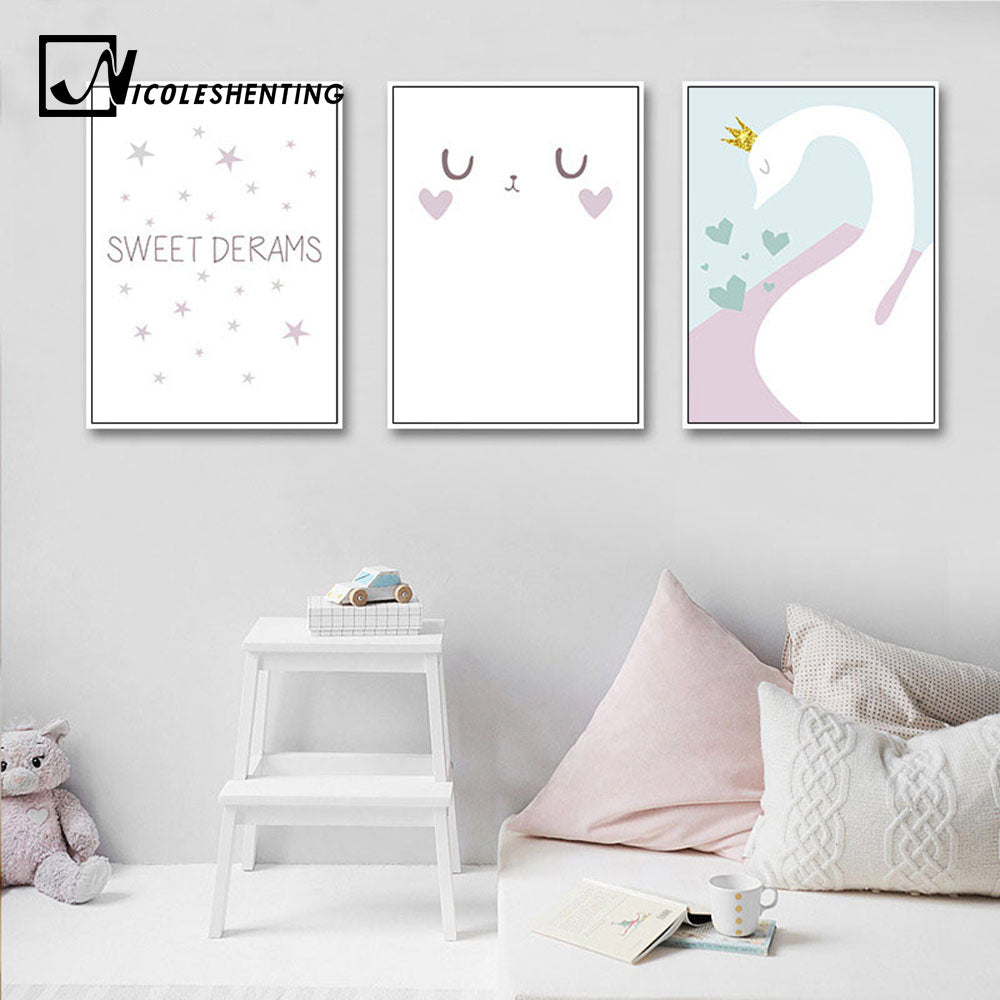 Cartoon Swan Baby Nursery Wall Art Canvas Painting Minimalist Posters Prints Nordic Kids Decoration Pictures Living Room Decor - SallyHomey Life's Beautiful