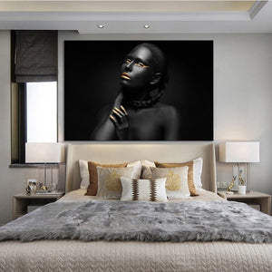 Portrait Posters and Prints Wall Art Canvas Painting Dark-skinned Woman with Golden Makeup Pictures for Living Room Home Decor - SallyHomey Life's Beautiful