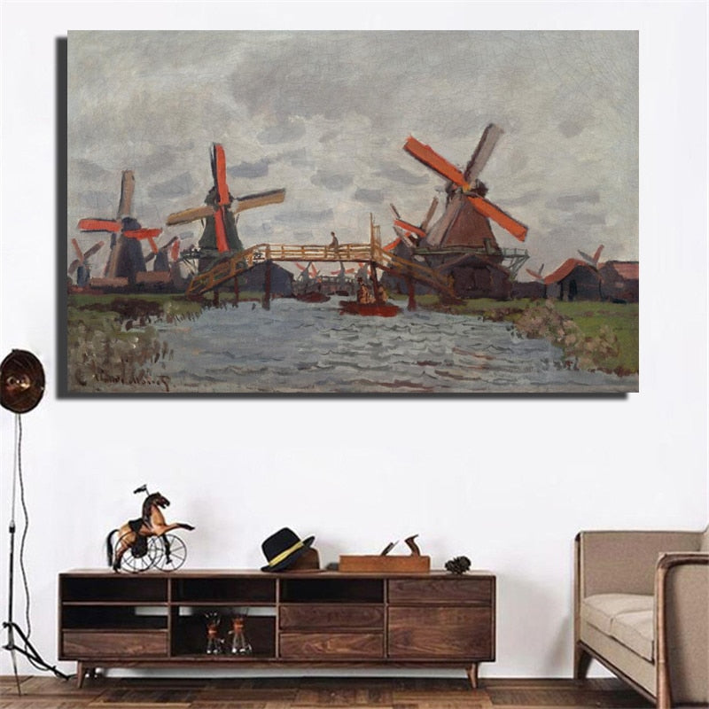 Impressionis Artist Claude Monet Windmill Near Zaandam Landscape Oil Painting On Canvas Art Wall Picture Canvas for Room Decor - SallyHomey Life's Beautiful