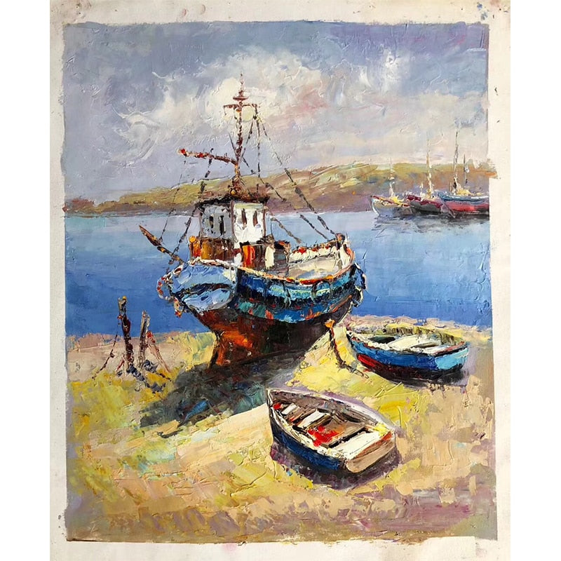 100% Hand Painted Abstract Sailboat Oil Painting On Canvas Wall Art Frameless Picture Decoration For Live Room Home Decor Gift