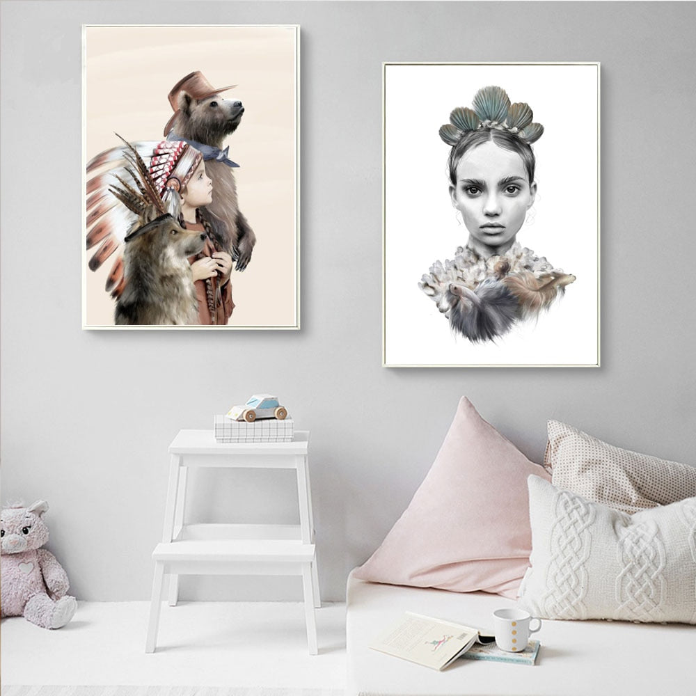Modern Portrait Poster And Print Wall Art Canvas Painting Noble Indian Feather Art Wall Pictures For Living Room Home Decoration - SallyHomey Life's Beautiful