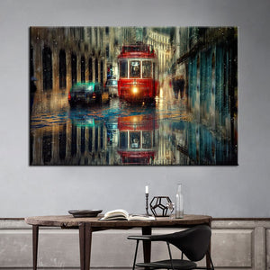 70X100cm - Abstract Retro Tram City Street Oil Painting Prints on Canvas - SallyHomey Life's Beautiful