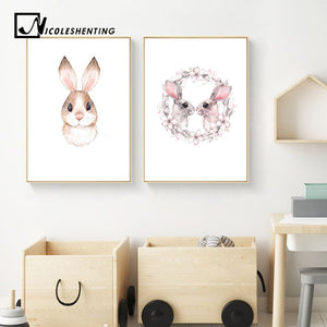 Kawaii Animal Rabbit Cat Nursery Canvas Poster Canvas Prints Wall Art Painting Wall Pictures for Children Living Room Home Decor - SallyHomey Life's Beautiful