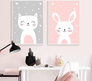 Kawaii Wall Art Canvas Nursery Poster Print Cartoon Cat Rabbit Painting Nordic Kids Decoration Picture Baby Living Room Decor - SallyHomey Life's Beautiful