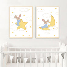 Load image into Gallery viewer, Kawaii Bunny Moon Nursery Wall Art Canvas Poster and Print Yellow Cartoon Painting Decoration Picture Nordic Kids Bedroom Decor - SallyHomey Life&#39;s Beautiful
