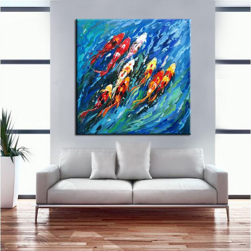 Abstract Canvas Painting Wall Art Picture Traditional Chinese Painting Colorful Koi Fish Hand Painting for Living Room Decor - SallyHomey Life's Beautiful