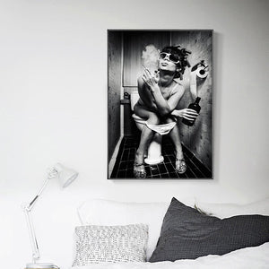 Modern Black White Portrait Posters and Prints Wall Art Canvas Painting Sexy Women Smoke and Drink Picture for Living Room Decor - SallyHomey Life's Beautiful
