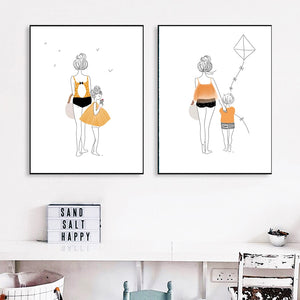 Cartoon Girl Boy Woman Kite Minimalism Wall Art Canvas Painting Nordic Posters And Prints Wall Pictures Kids Room Nursery Decor - SallyHomey Life's Beautiful