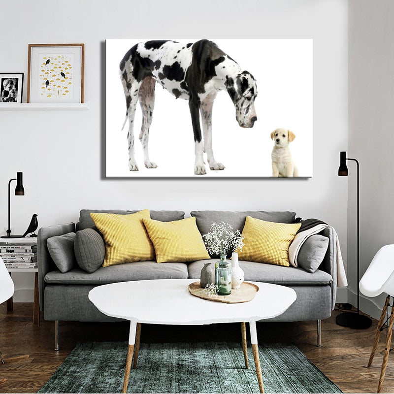 Modern Pet Dogs Posters and Prints Wall Art Canvas Painting The Great Dane and Cute Little Dog Pictures for Room Wall Decoration - SallyHomey Life's Beautiful