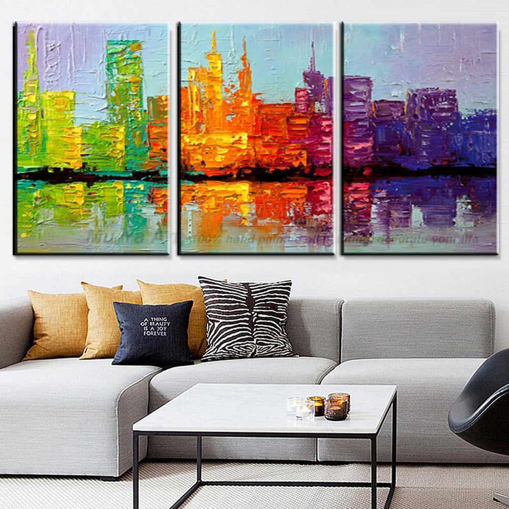 3 piece canvas art abstract handmade New York city knife painting on canvas wall picture for living room paintings wall decor - SallyHomey Life's Beautiful
