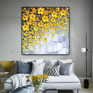 100% Hand Painted Pretty New Modern Gray White Yellow Flowers Wall Painting Hand Painted On Canvas Wall Picture For Living Room Home Decor Gift