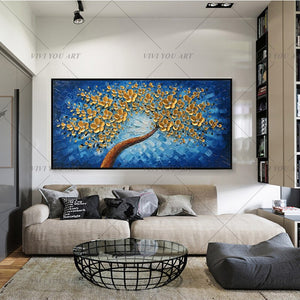   100% Hand Painted   Blue Golden lucky tree modern canvas painting in living room dining room bedroom interior wall art hand painted oil painting
