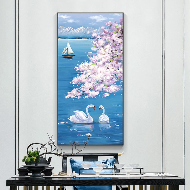 100% Hand Painted Abstract Flower Swan Painting On Canvas Wall Art Frameless Picture Decoration For Live Room Home Decor Gift